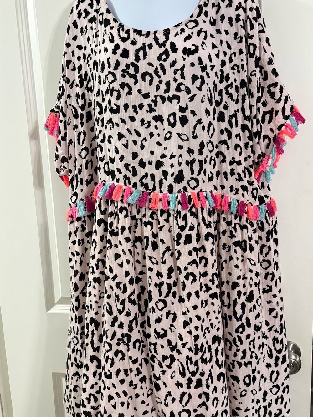 Savanna Jane Beige and Black Leopard Midi Dress with Multicolor Tassel Trim